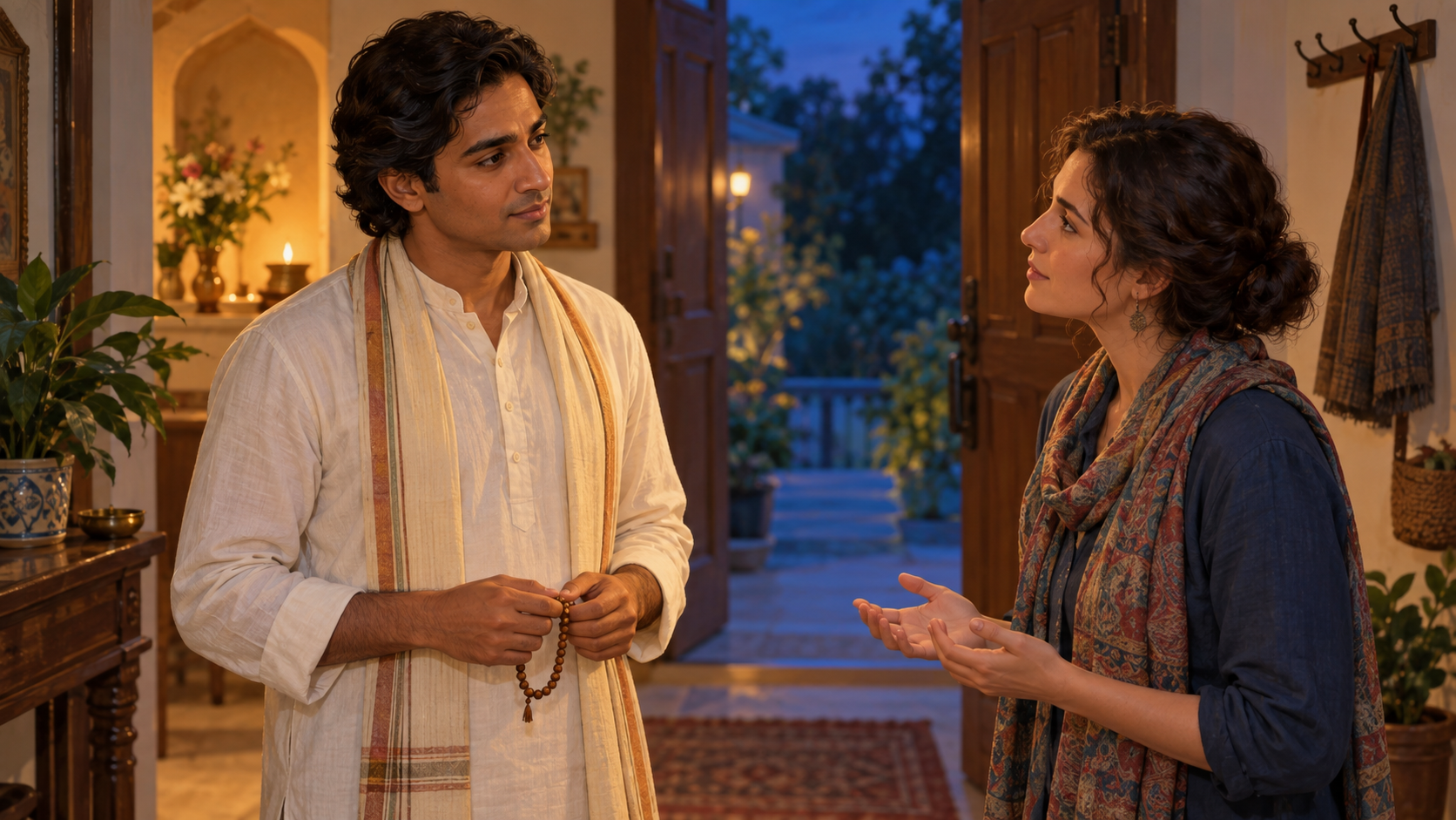 A devotee holding wooden prayer beads pauses thoughtfully before answering a visitor in a warmly lit home entryway.