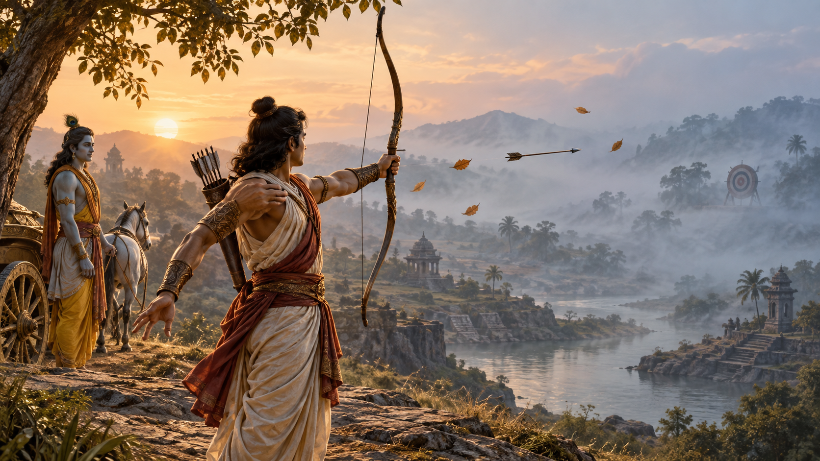 An ancient archer releases an arrow toward a distant target obscured by mist while a charioteer stands quietly behind.