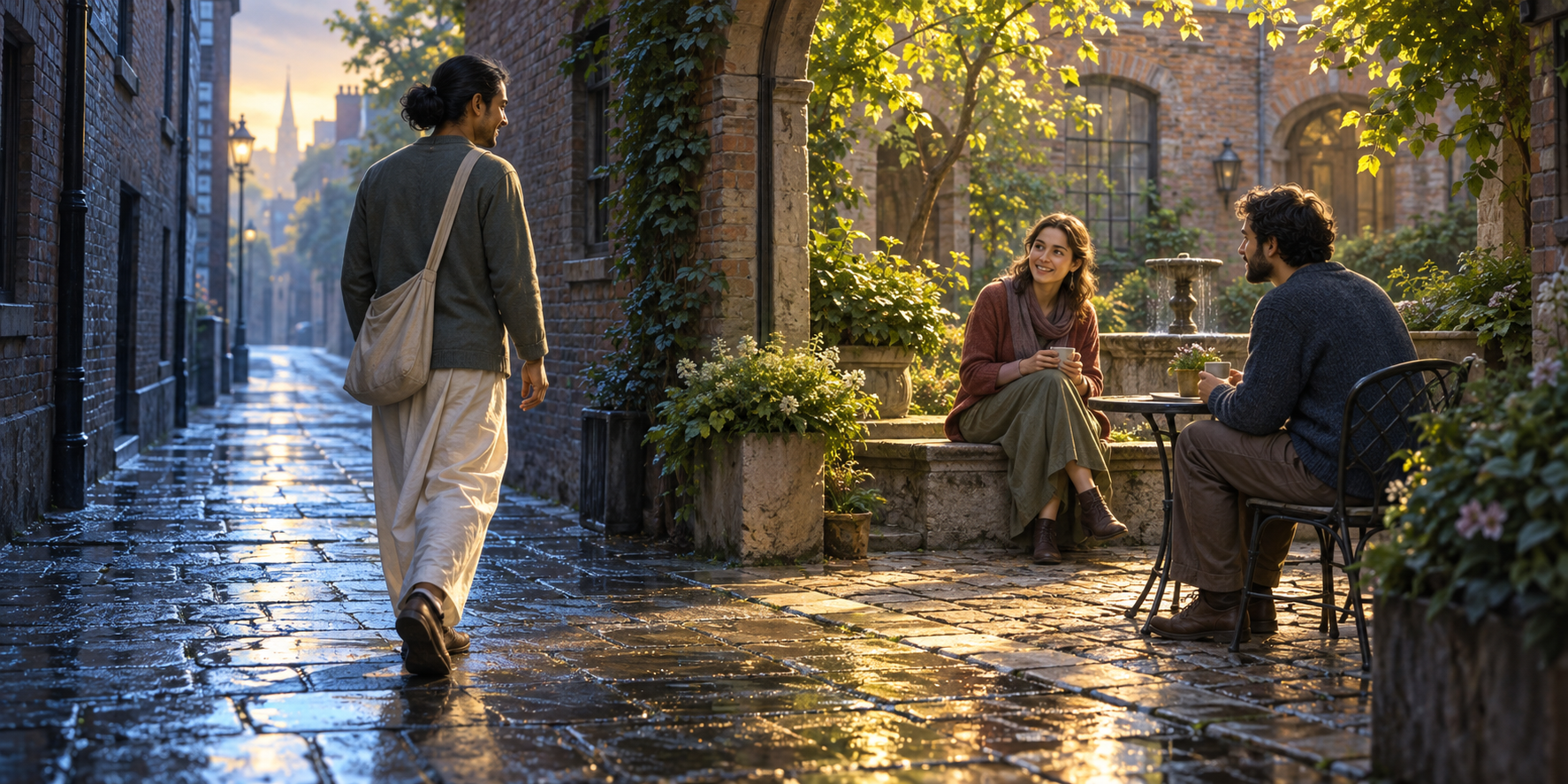 A Krishna practitioner approaches two neighbors in a dawn-lit courtyard as one turns to welcome the conversation.