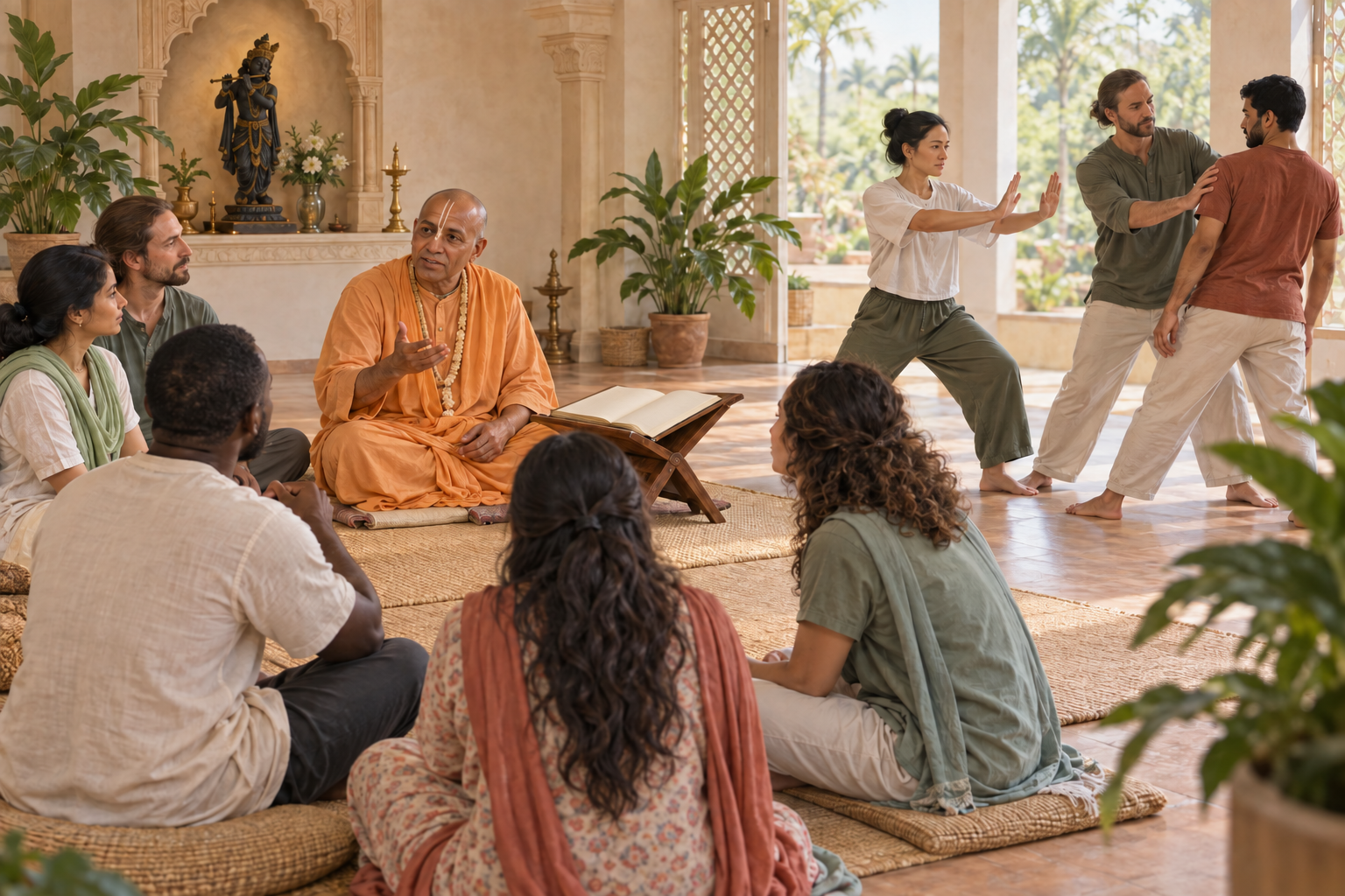 A spiritual educator teaches a seated community while several participants practice creating distance and guiding someone away from a confrontation.