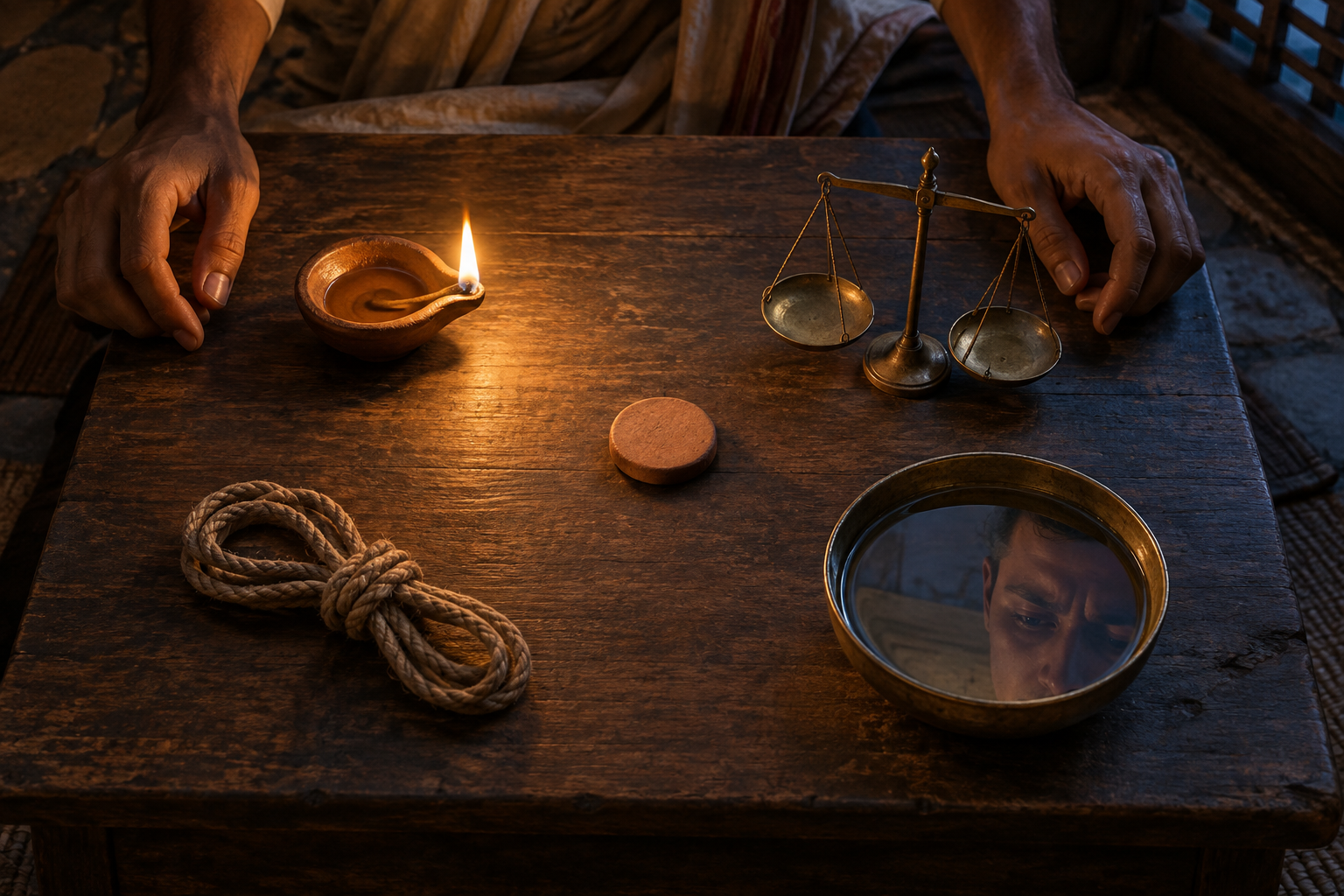 Two hands rest beside a table holding a clay token, an oil lamp, balance pans, a knotted cord, and a bowl of water.