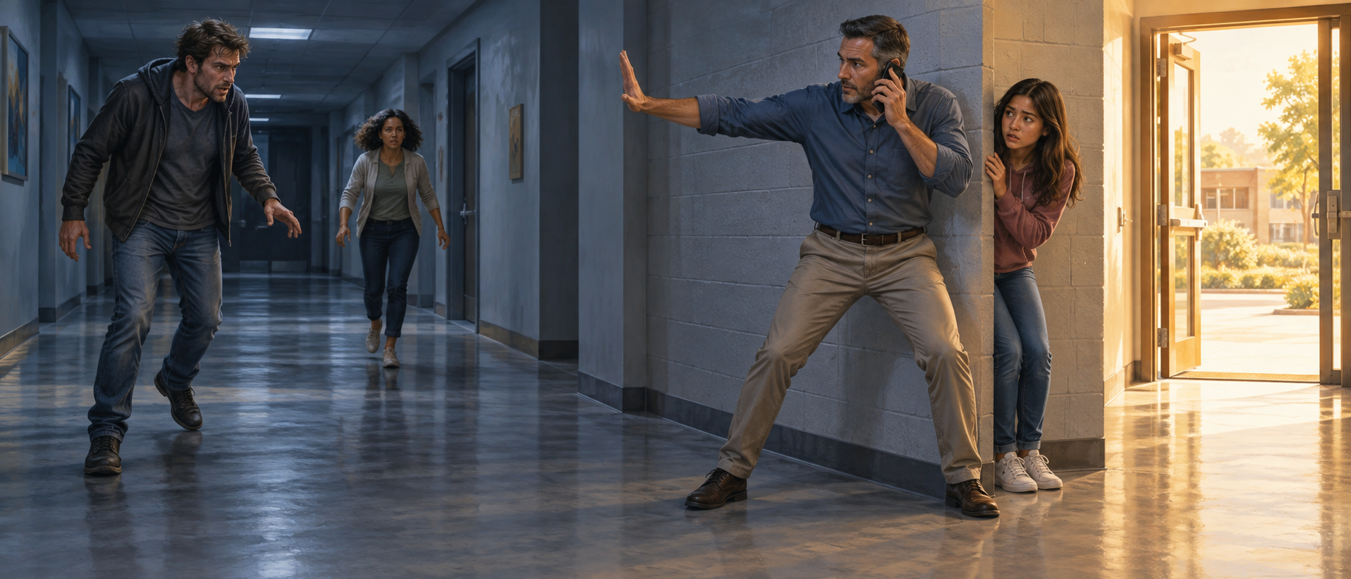 A bystander guides a frightened person toward an open exit while calling for help and keeping distance from an aggressive figure.