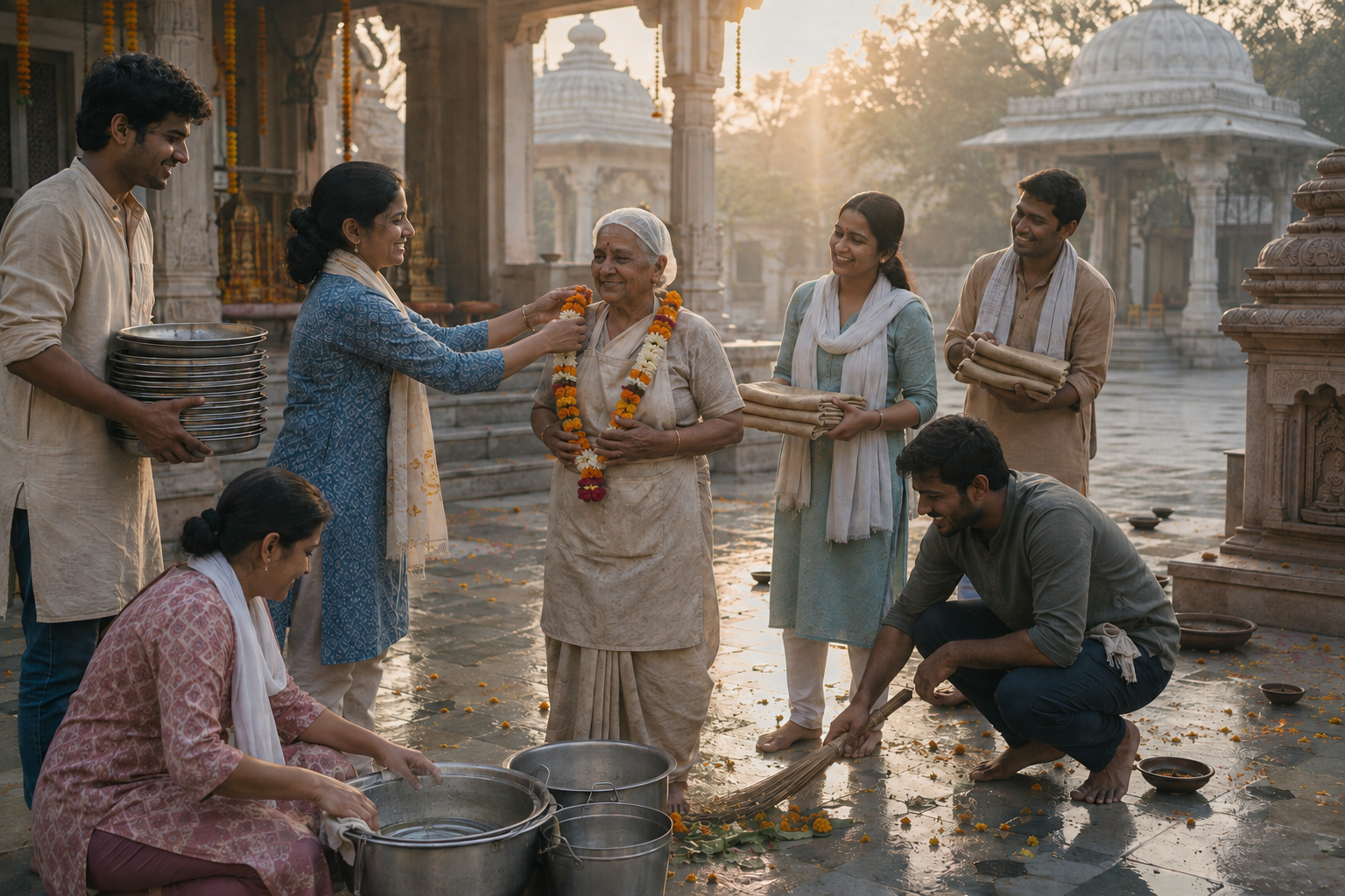 Volunteers thank an elderly kitchen server with a flower garland while others clean the temple courtyard after Janmashtami.