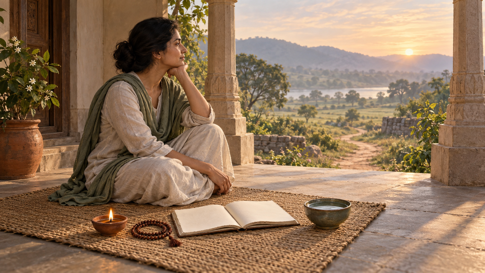 A person sits on a woven mat at dawn beside an oil lamp, prayer beads, a water bowl, and an open blank journal.