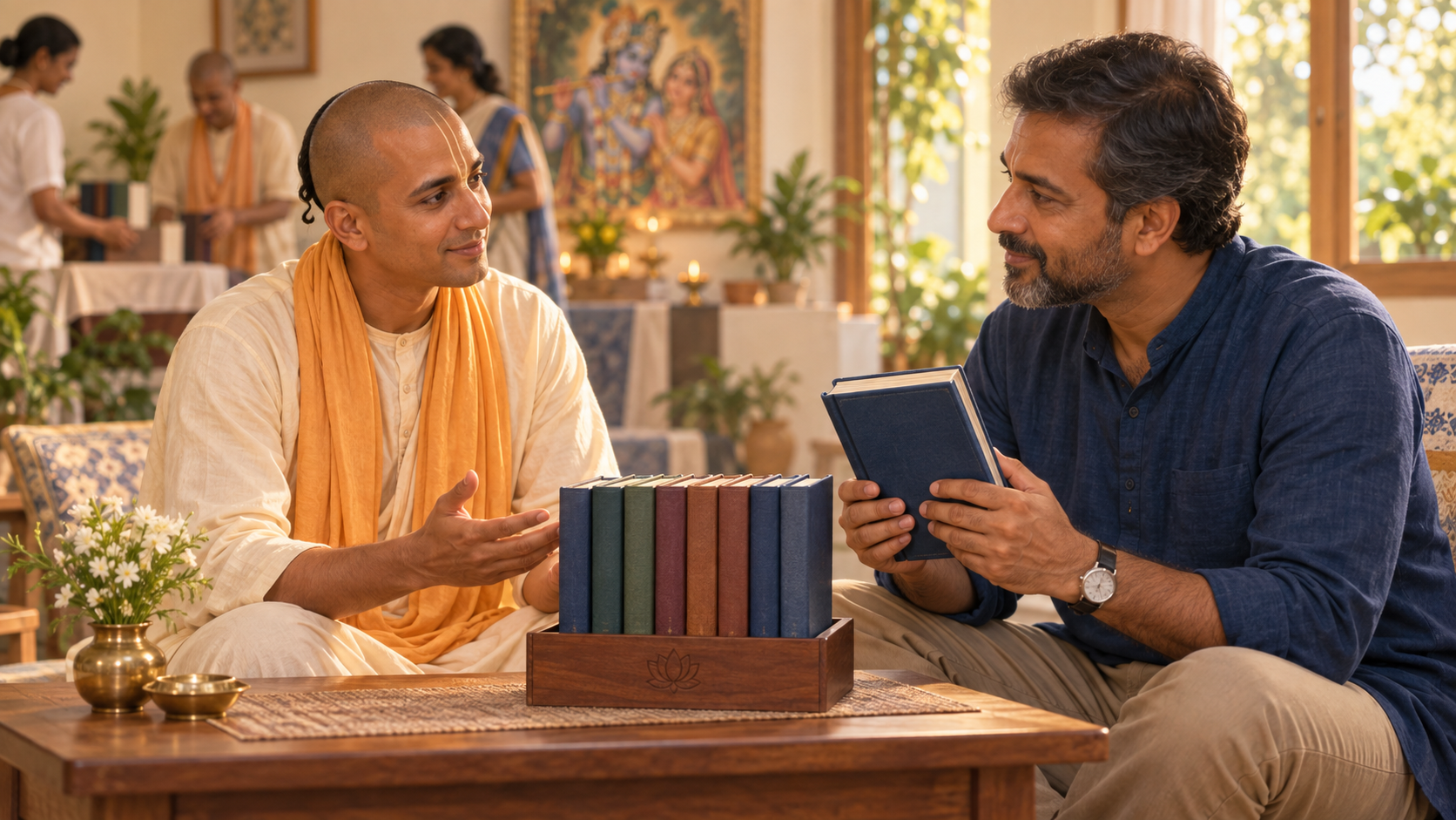A devotee volunteer speaks with an interested reader beside a coordinated set of clothbound sacred books in a sunlit community room.