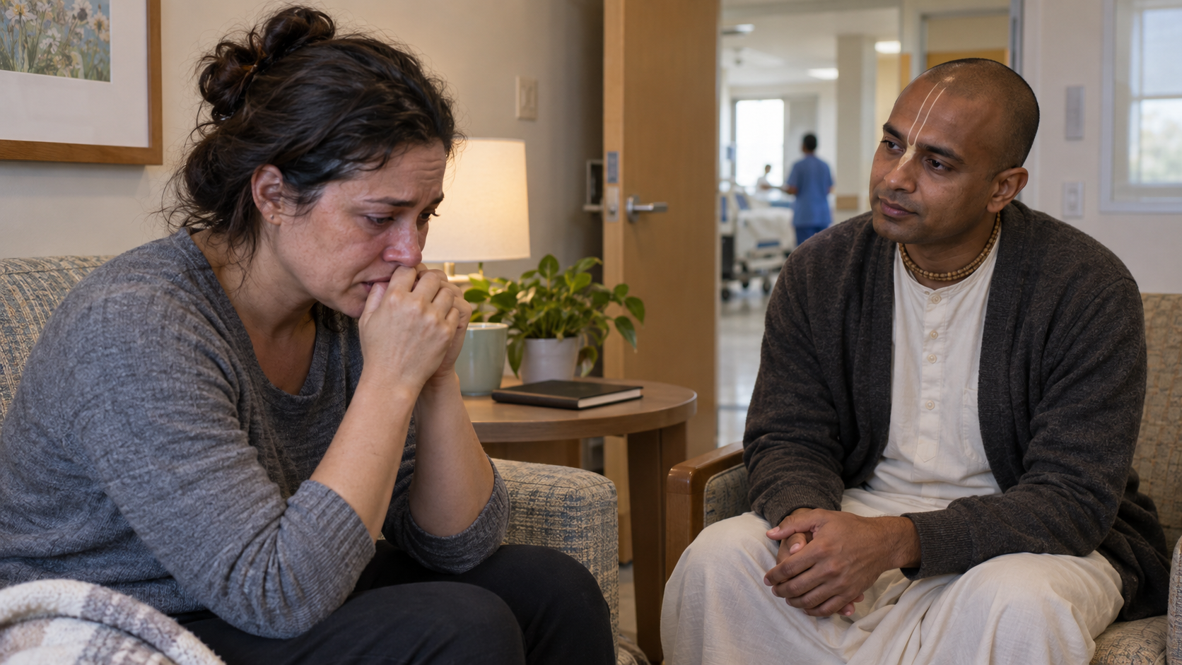 A Vaishnava chaplain listens to a distressed adult in a quiet hospital family room.