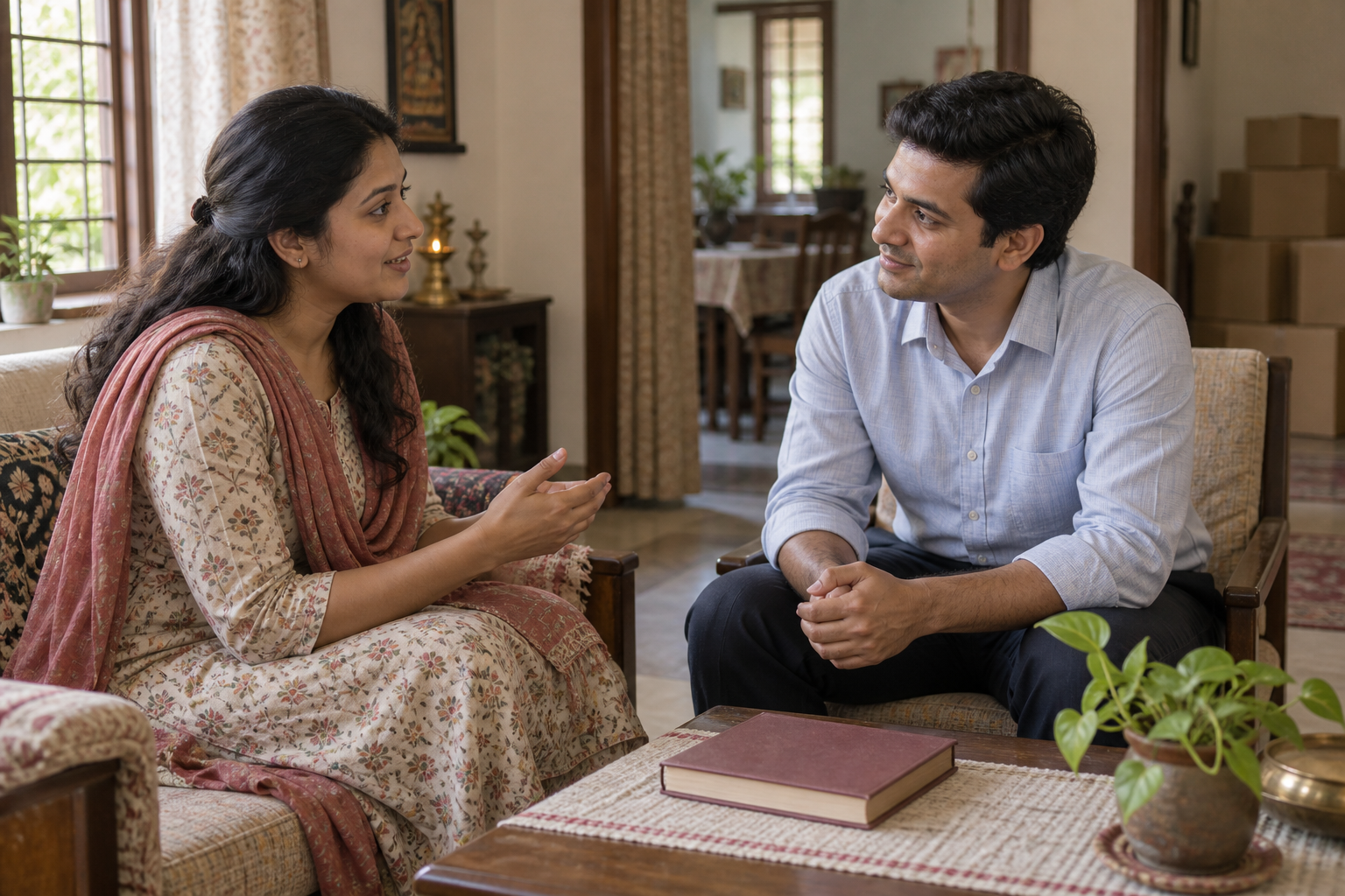 A volunteer listens attentively to a prospective reader in a home while one clothbound book rests on the table and book cartons remain in the background.
