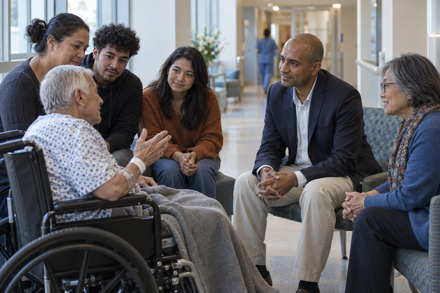 A Vaishnava chaplain listens to a wheelchair user and family members in a hospital consultation area.