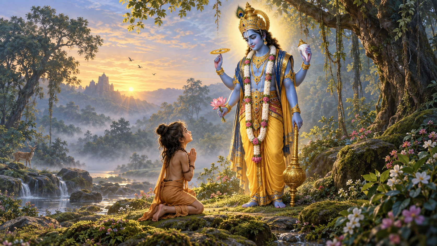 Young Dhruva kneels in a forest clearing before four-armed Vishnu, who holds a conch, discus, mace, and lotus within a golden-blue radiance.