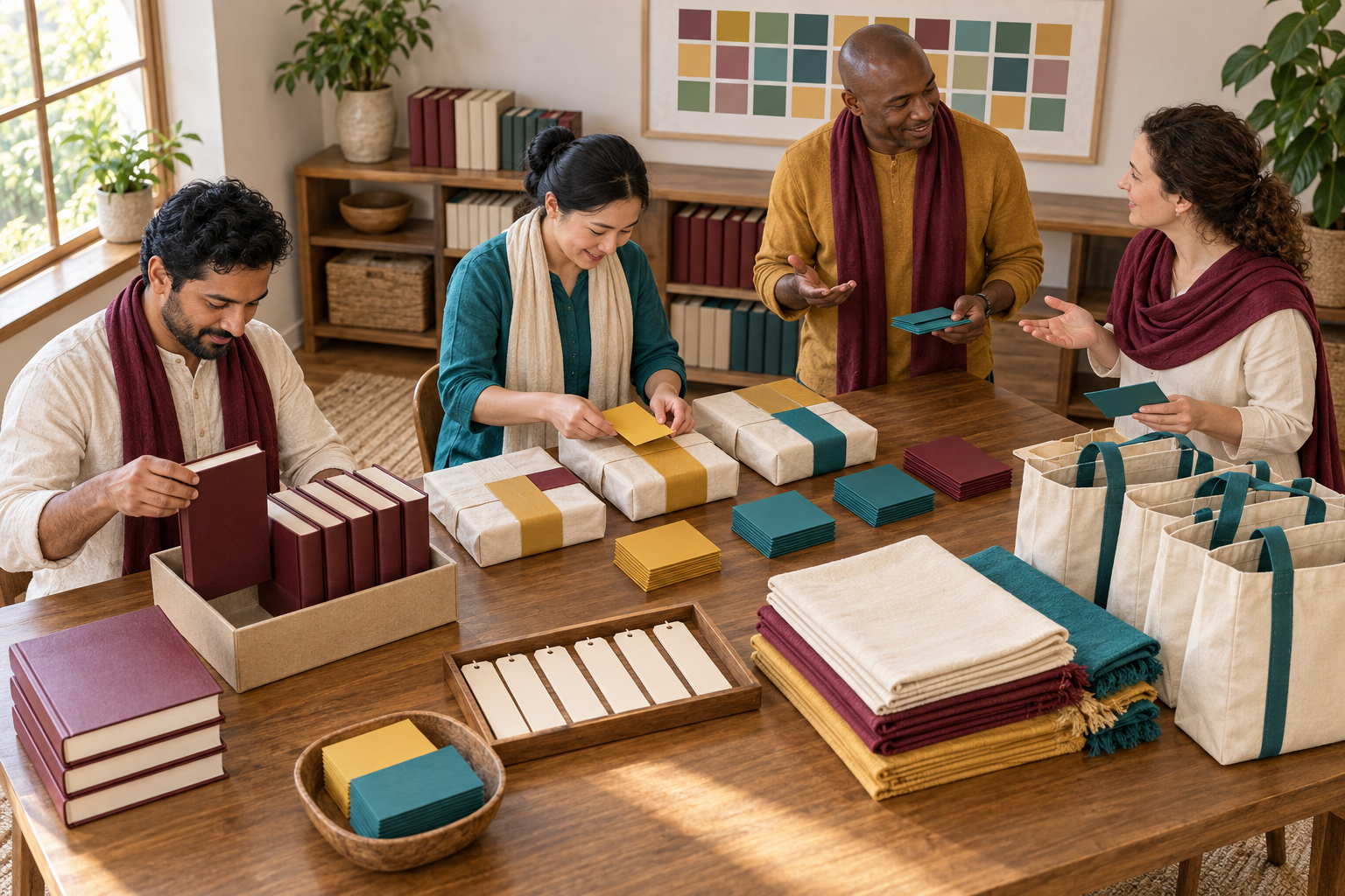 Four volunteers organize complete clothbound book sets, delivery bags, colored cards, and wrapping materials at a preparation table.