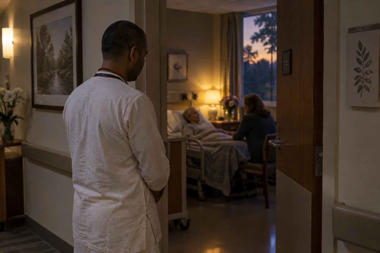 A Vaishnava spiritual-care trainee pauses outside a hospice room where an older patient sits with a relative.