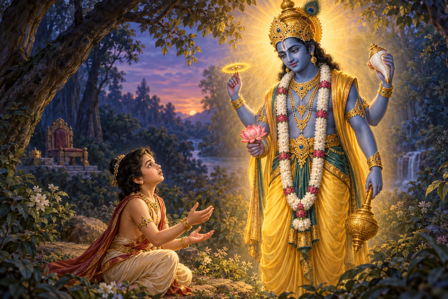 Dhruva looks toward Vishnu with open hands while a small circlet and ceremonial seat remain in shadow behind him.