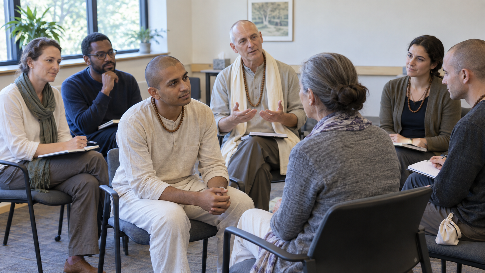 A diverse group of chaplaincy trainees observes a supervised pastoral-care role-play in a classroom.