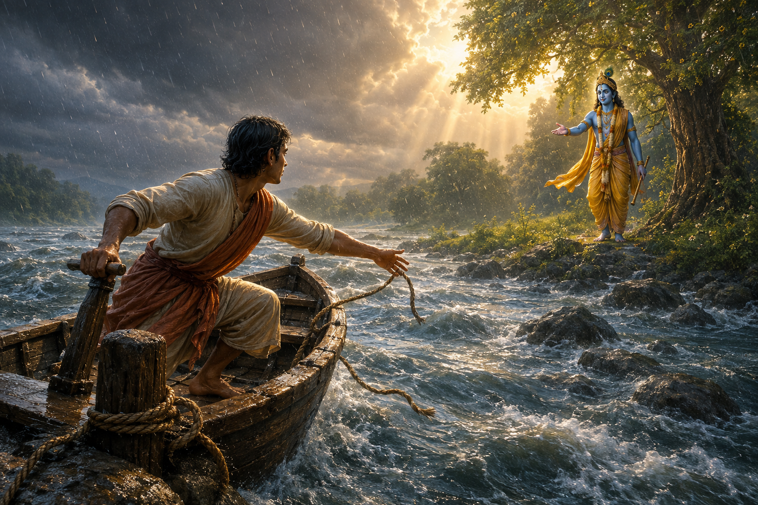 A devotee steers a wooden boat through a strong river current after releasing its mooring rope, while Krishna waits on the far bank.