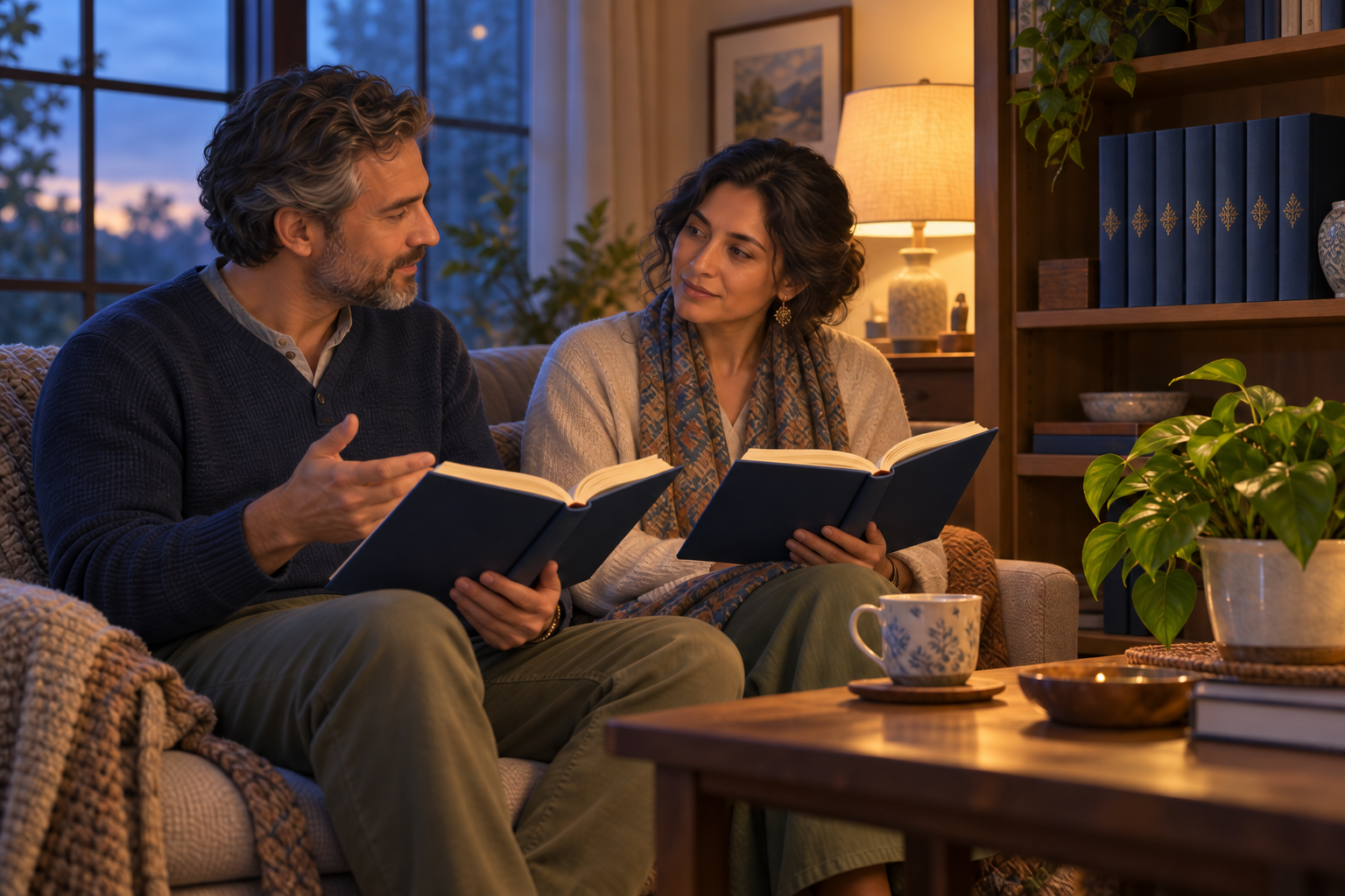 A reader and a devotional reading companion discuss open books while the rest of the matching volume set stands on a nearby shelf.
