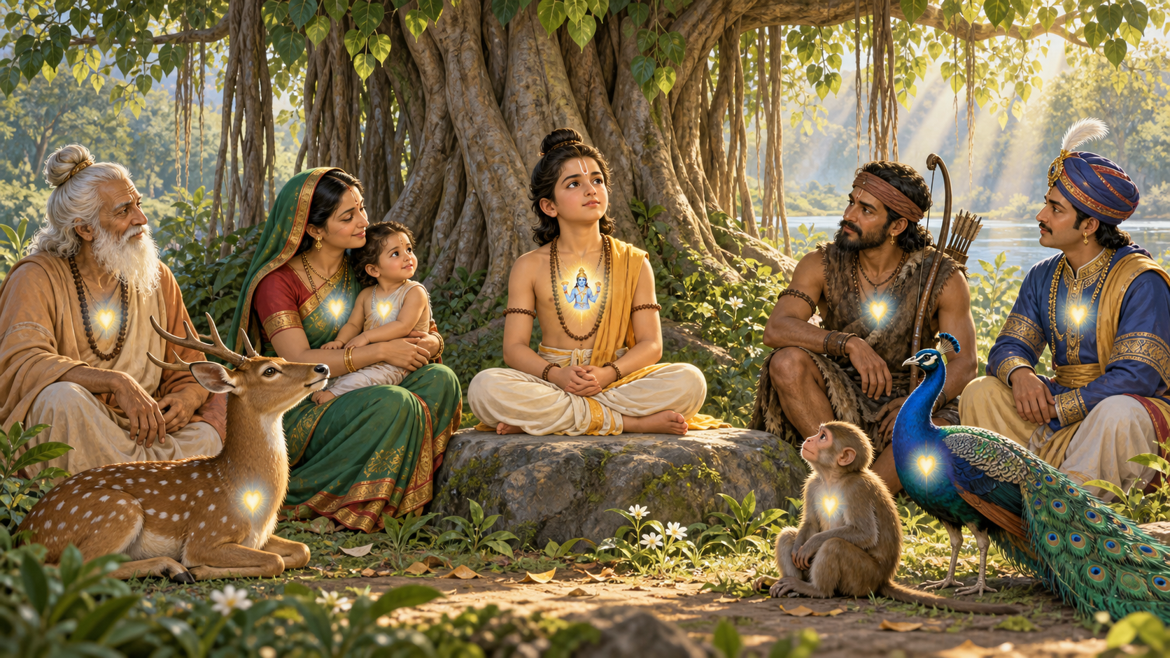 Dhruva sits beneath a banyan tree among distinct people and animals, each with a small golden-blue light at the heart.