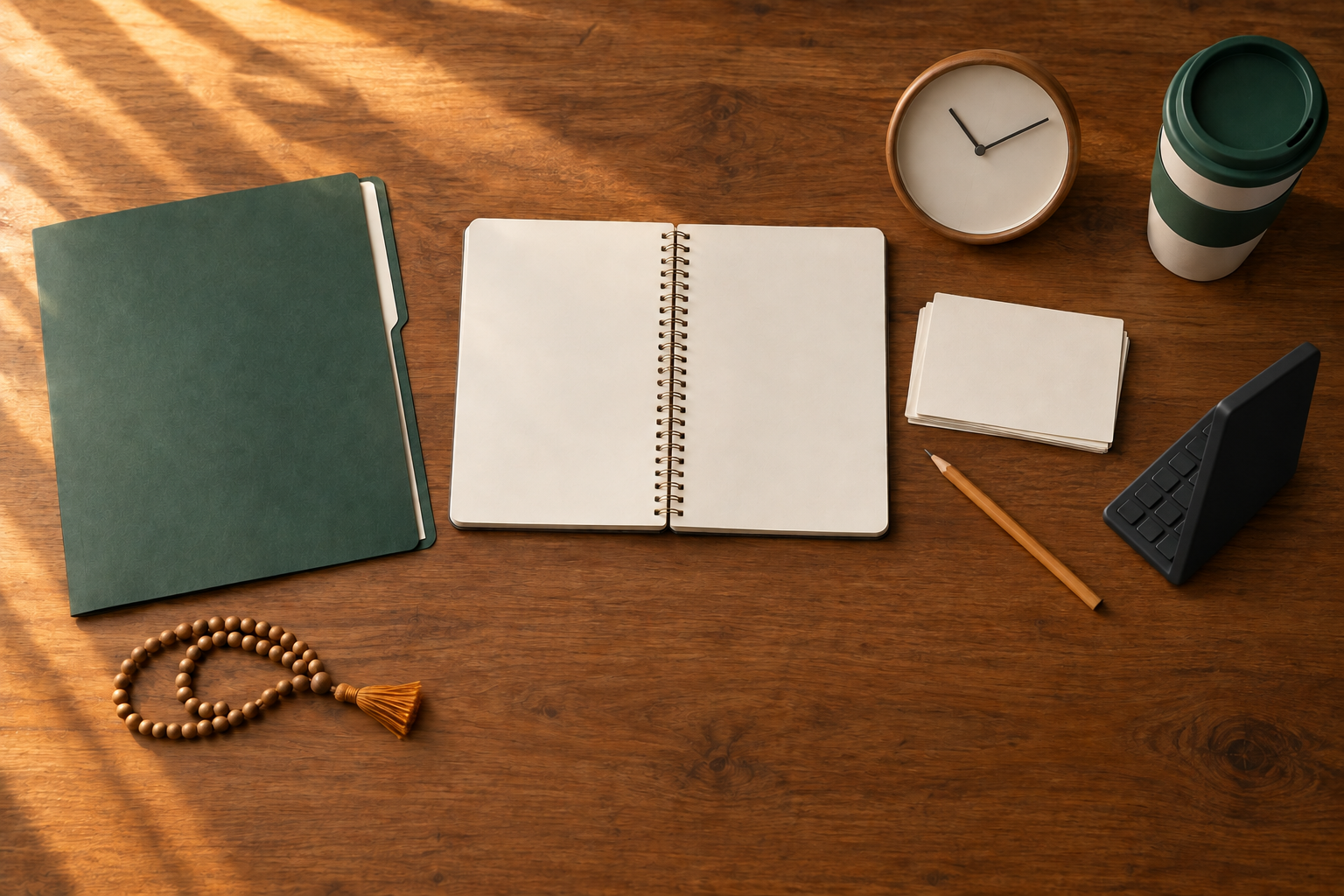A desk holds blank planning materials, a calculator, a clock and tulasi beads for evaluating a chaplaincy career path.