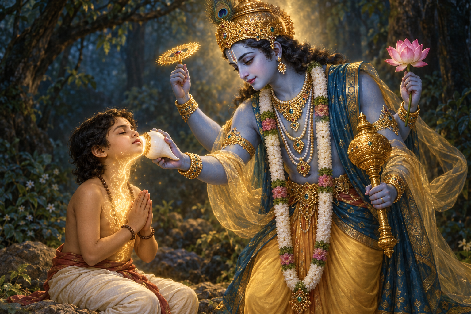 Vishnu gently touches a white conch shell to the cheek of kneeling Dhruva as golden light spreads toward the child's throat and heart.