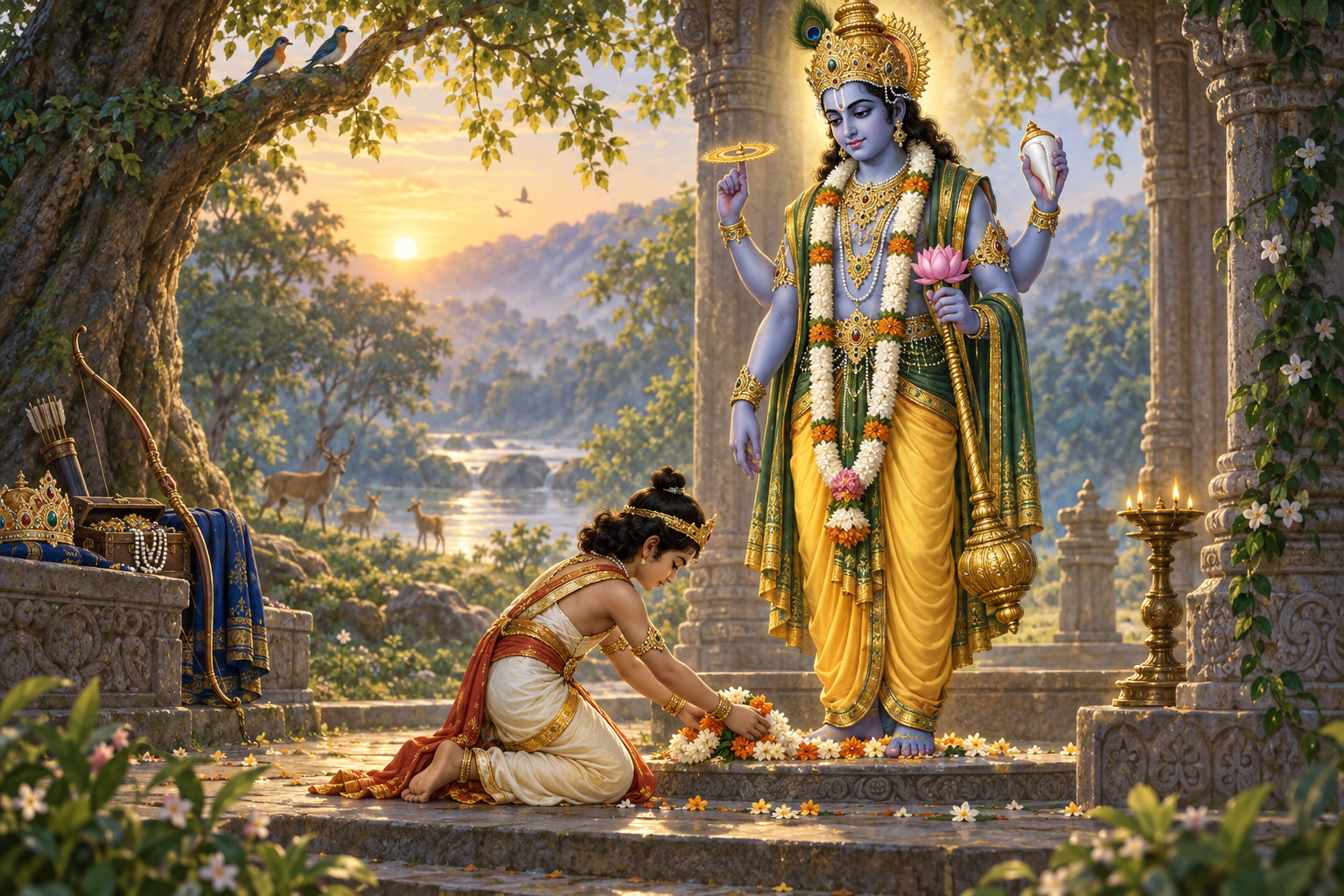 Dhruva bows to place a flower garland at Vishnu's feet while a crown, jewels, and royal bow remain unattended nearby.