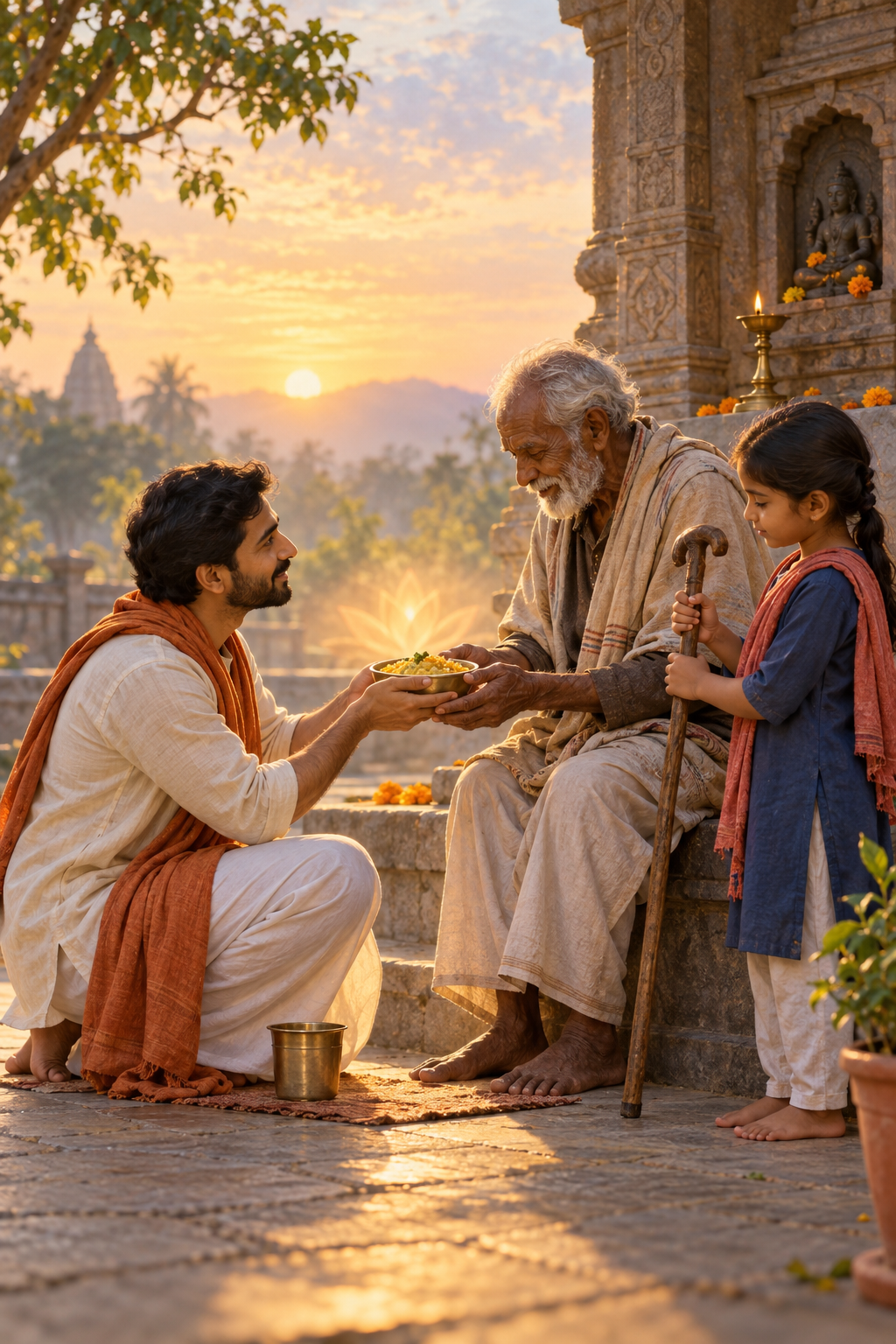 A person serves food and water to an older visitor in a sunrise temple courtyard while a child offers support and an oil lamp glows nearby.