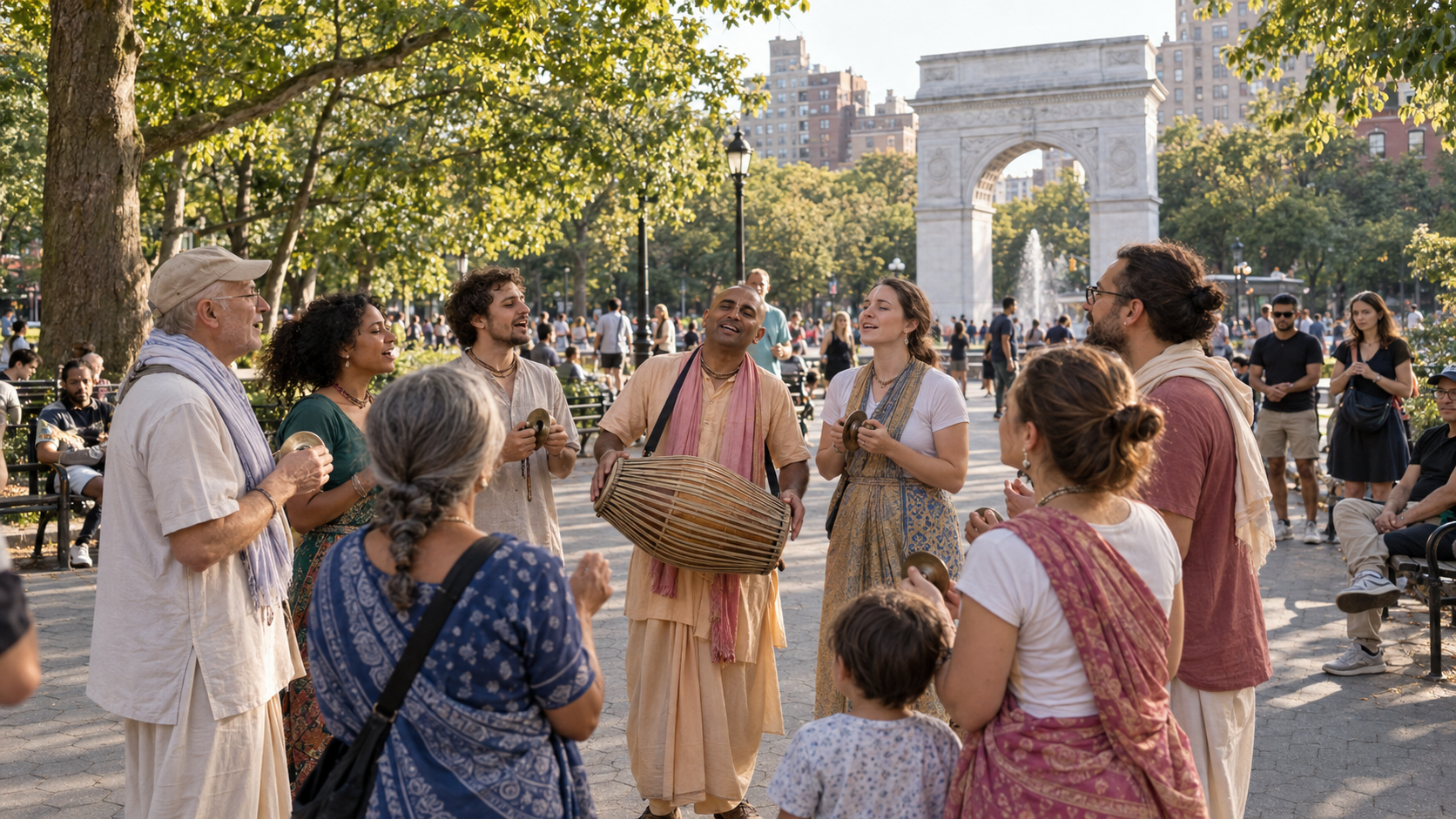 A group sings and plays hand instruments in a circle in Washington Square Park, with the arch and city buildings in the background.