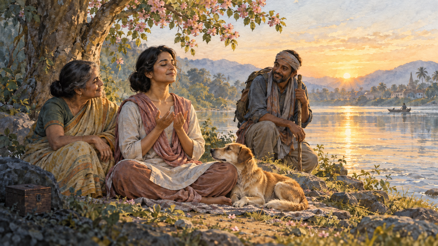 A practitioner sits beside a river with open hands as morning light falls on nearby family members, a traveler, an animal, and a flowering tree; a closed ornament box remains in shadow.
