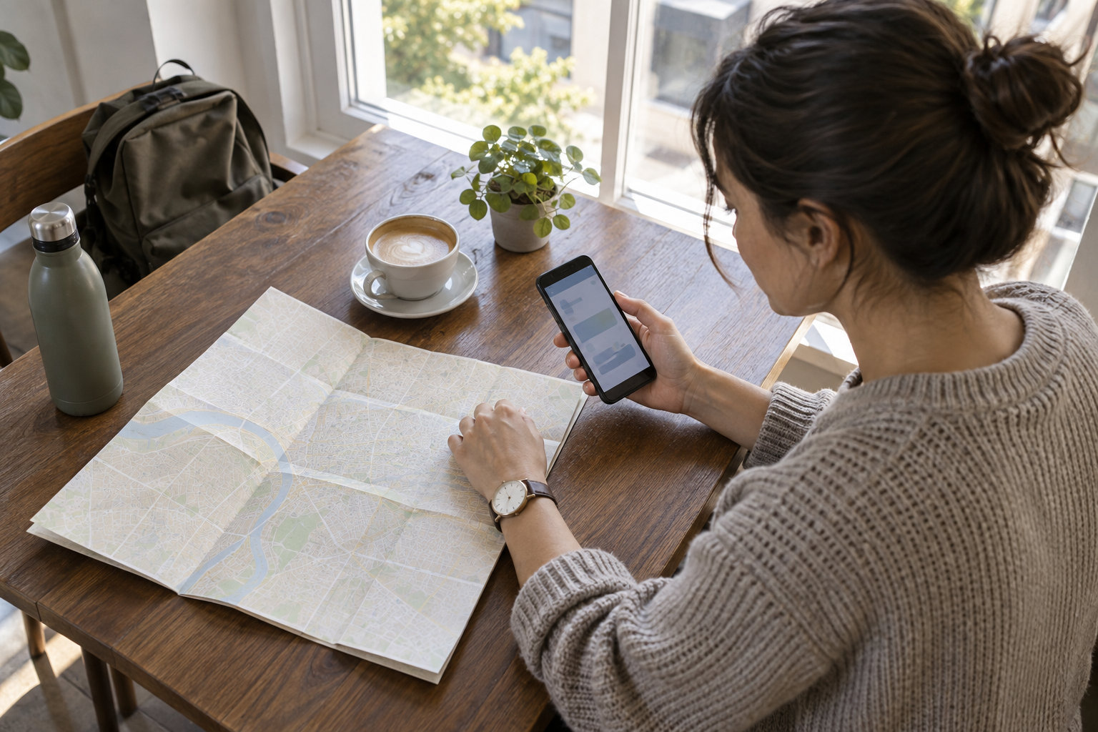 A person checks a smartphone beside a watch, an unmarked city map, a day bag, and a water bottle before leaving home.
