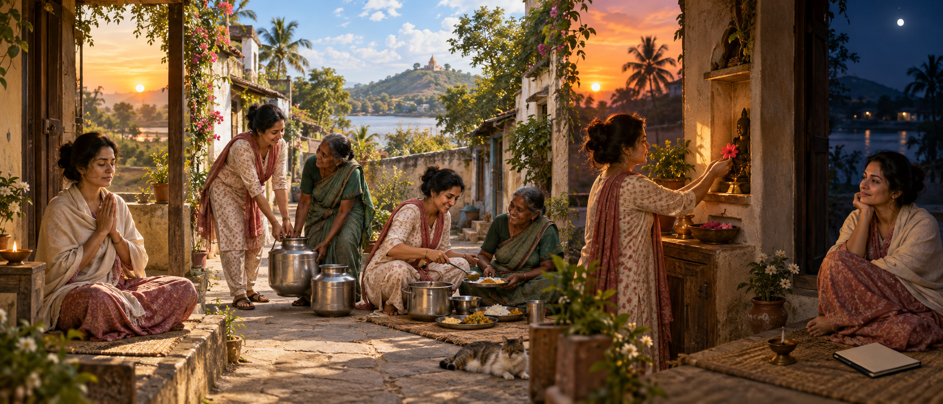 A continuous scene follows one person from dawn remembrance through helping a neighbor and serving a meal to a sunset offering and quiet evening reflection.