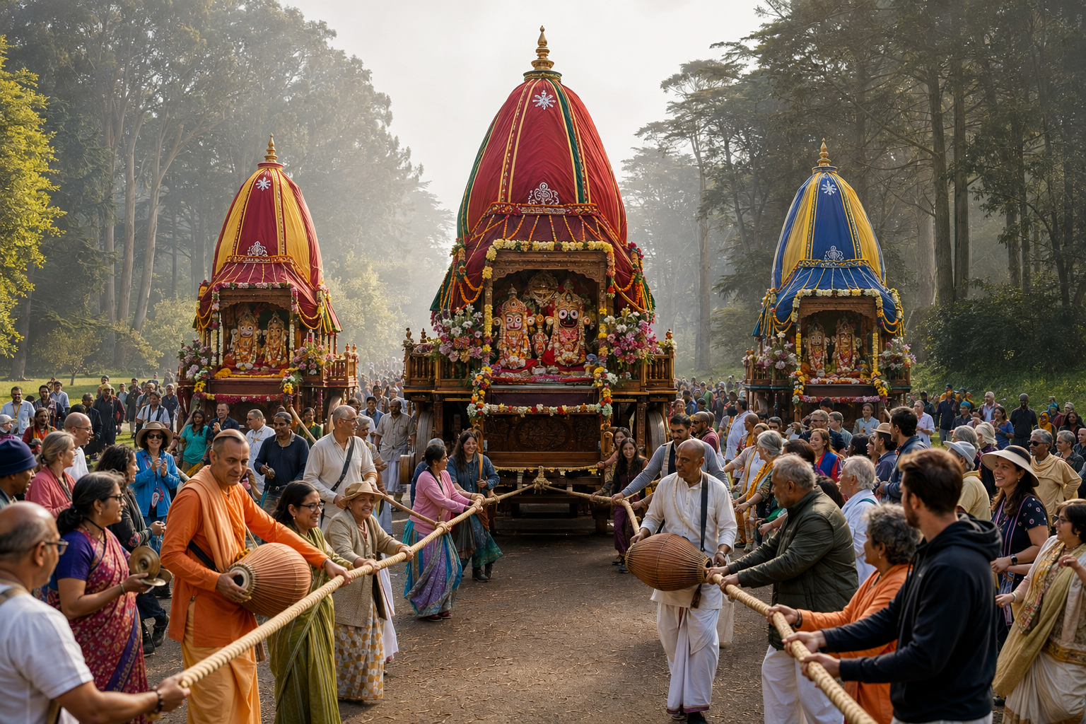 Three decorated Rathayatra chariots move through Golden Gate Park as devotees and visitors pull ropes, play instruments, and walk beneath misty trees.
