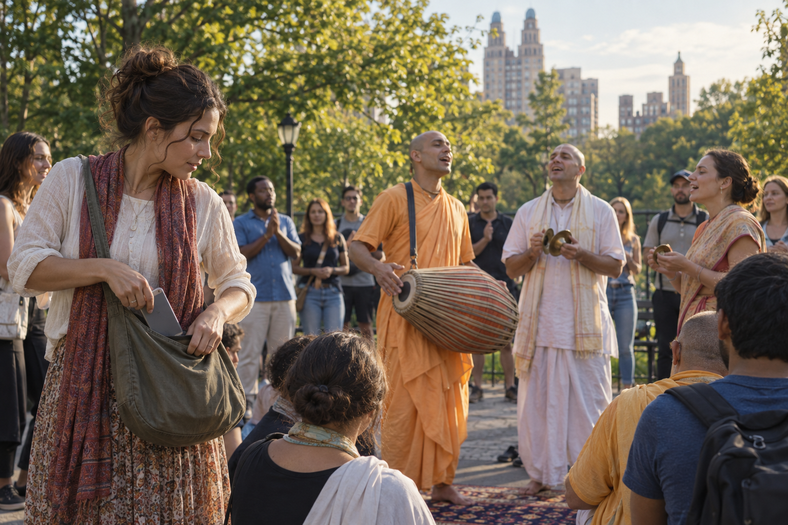 A park visitor puts a phone into a bag and turns toward a devotional singing circle with a hand drum and small cymbals.