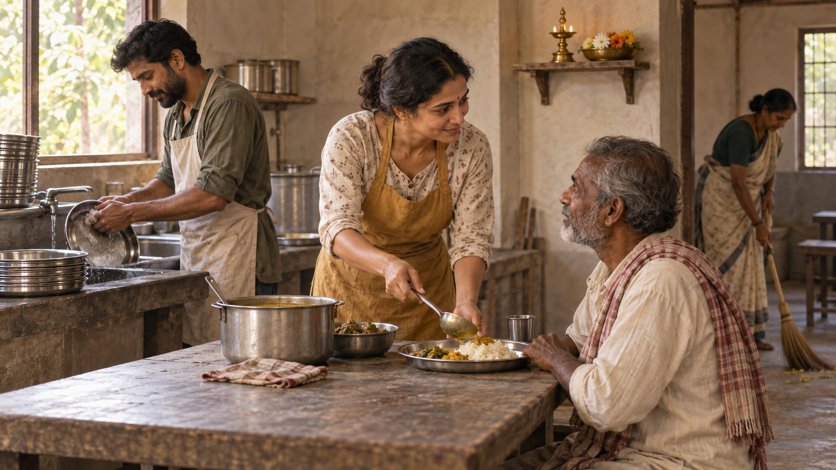 Volunteers wash plates, serve a meal, and sweep the floor in a simple community kitchen while a guest is treated with attentive dignity.