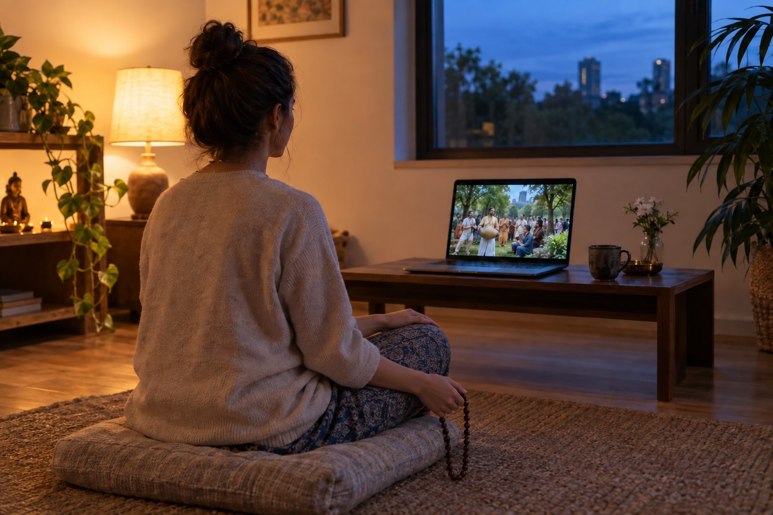 A person sits on a floor cushion with prayer beads while watching a devotional singing group on a laptop.