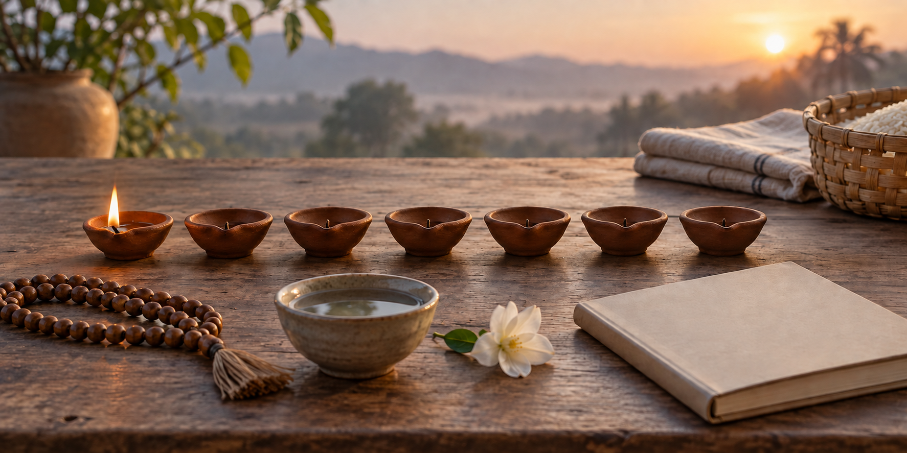 Seven clay oil lamps form a path beside prayer beads, water, a flower, a blank journal, folded cloth, and a basket of food; the first lamp is lit.