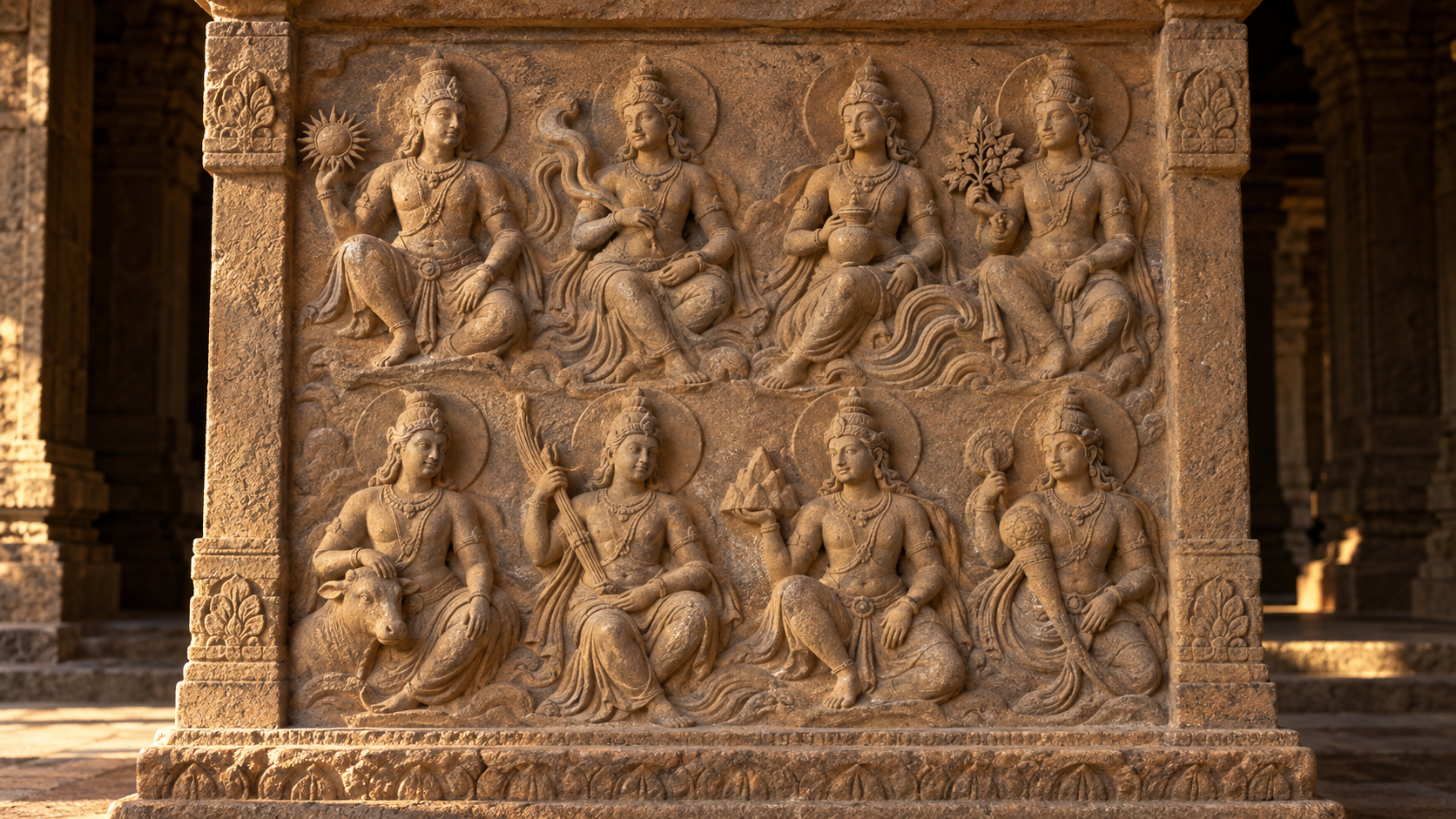 Weathered stone relief showing eight celestial figures together, with one figure holding a water vessel above a subtle flowing-water motif.