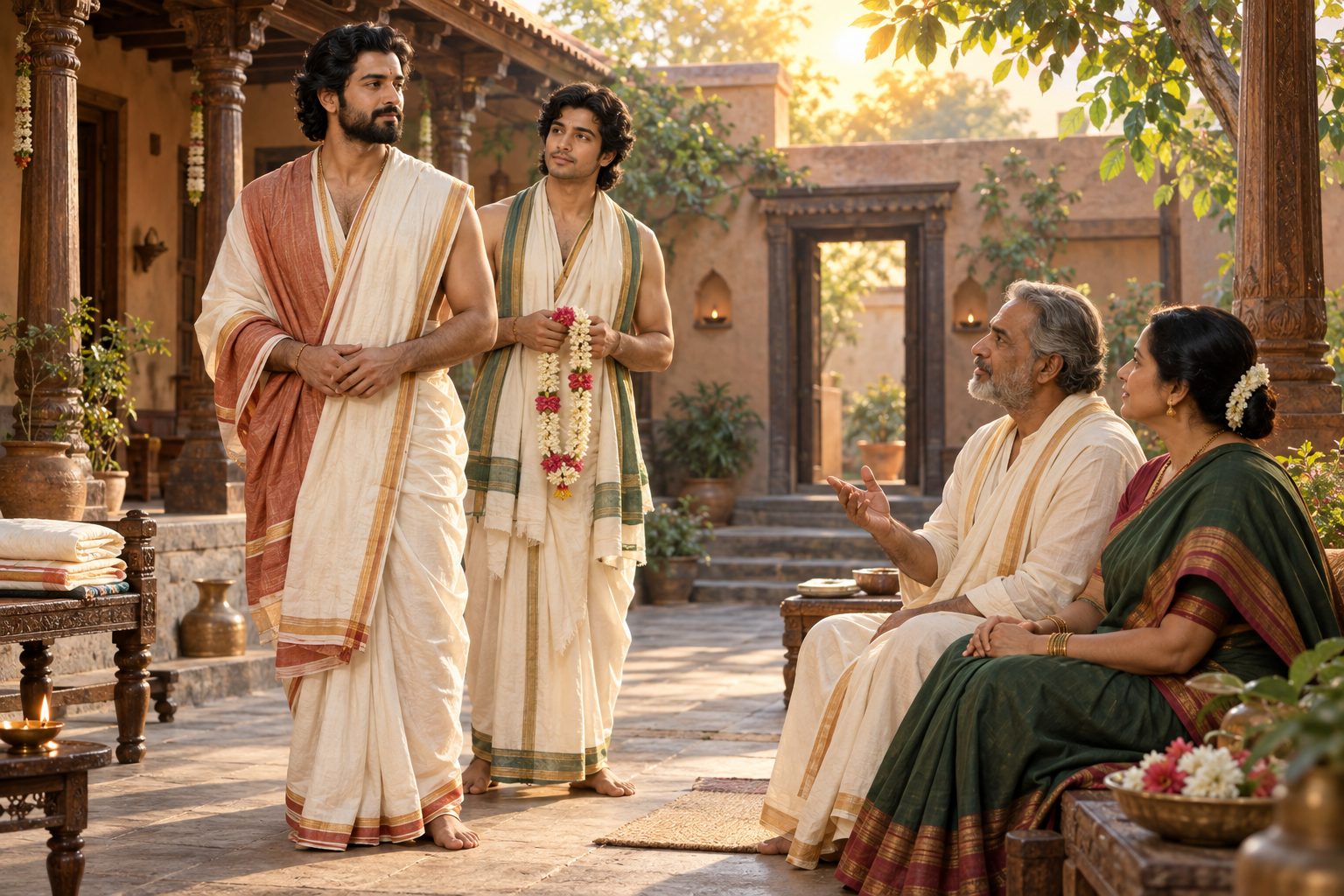 Two adult brothers and their parents calmly discuss marriage arrangements in the courtyard of an ancient Indian household.