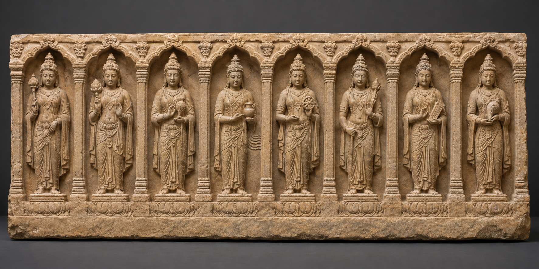 Long stone panel with eight similarly scaled celestial figures in separate niches, including one figure with a small vessel.