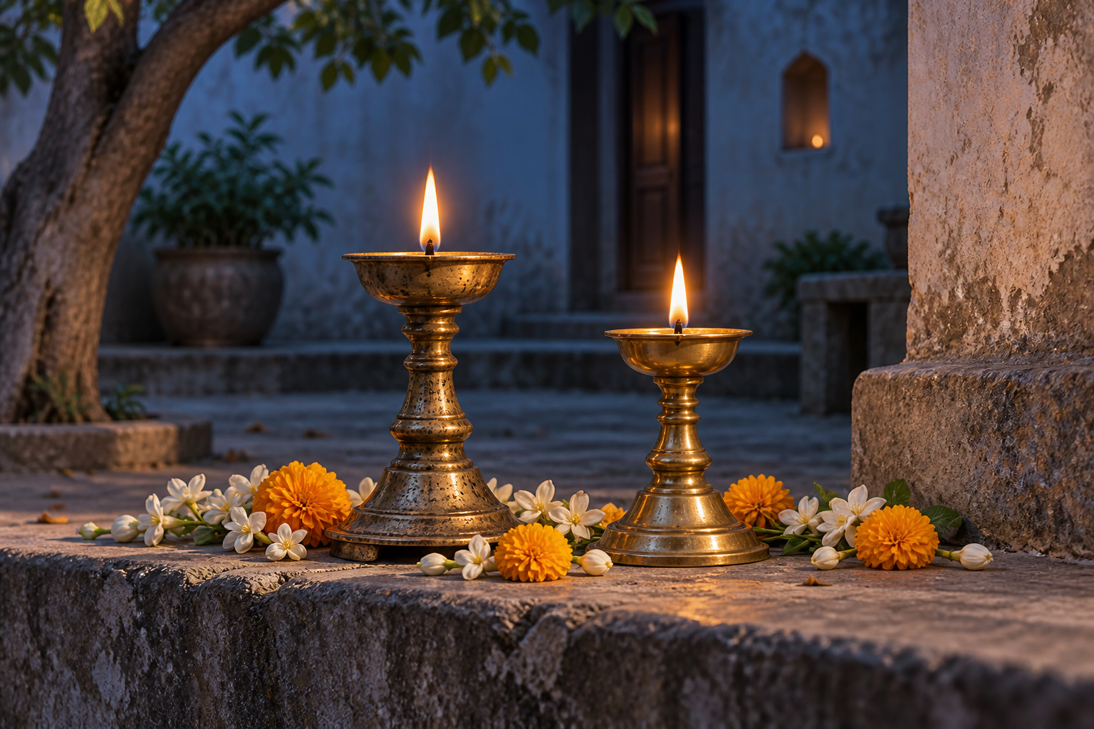 Two brass oil lamps of different heights burn side by side beside a strand of jasmine and marigold flowers.