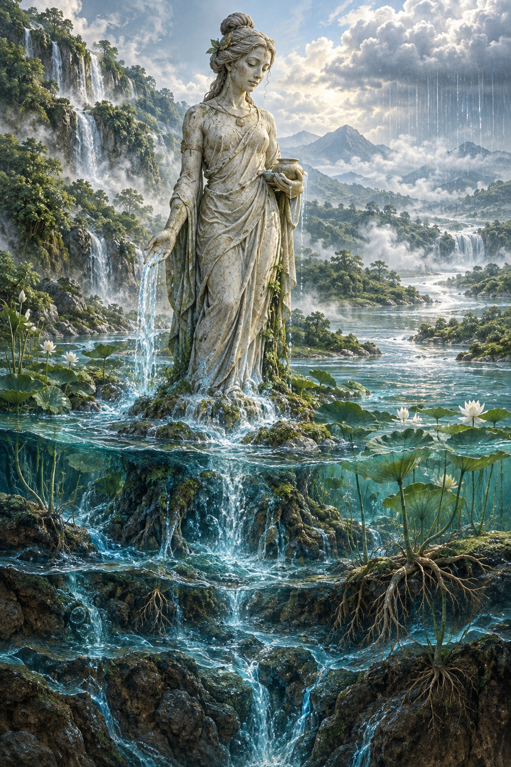 Stone celestial figure surrounded by a continuous flow connecting a spring, river plants, mist, clouds, and rain.