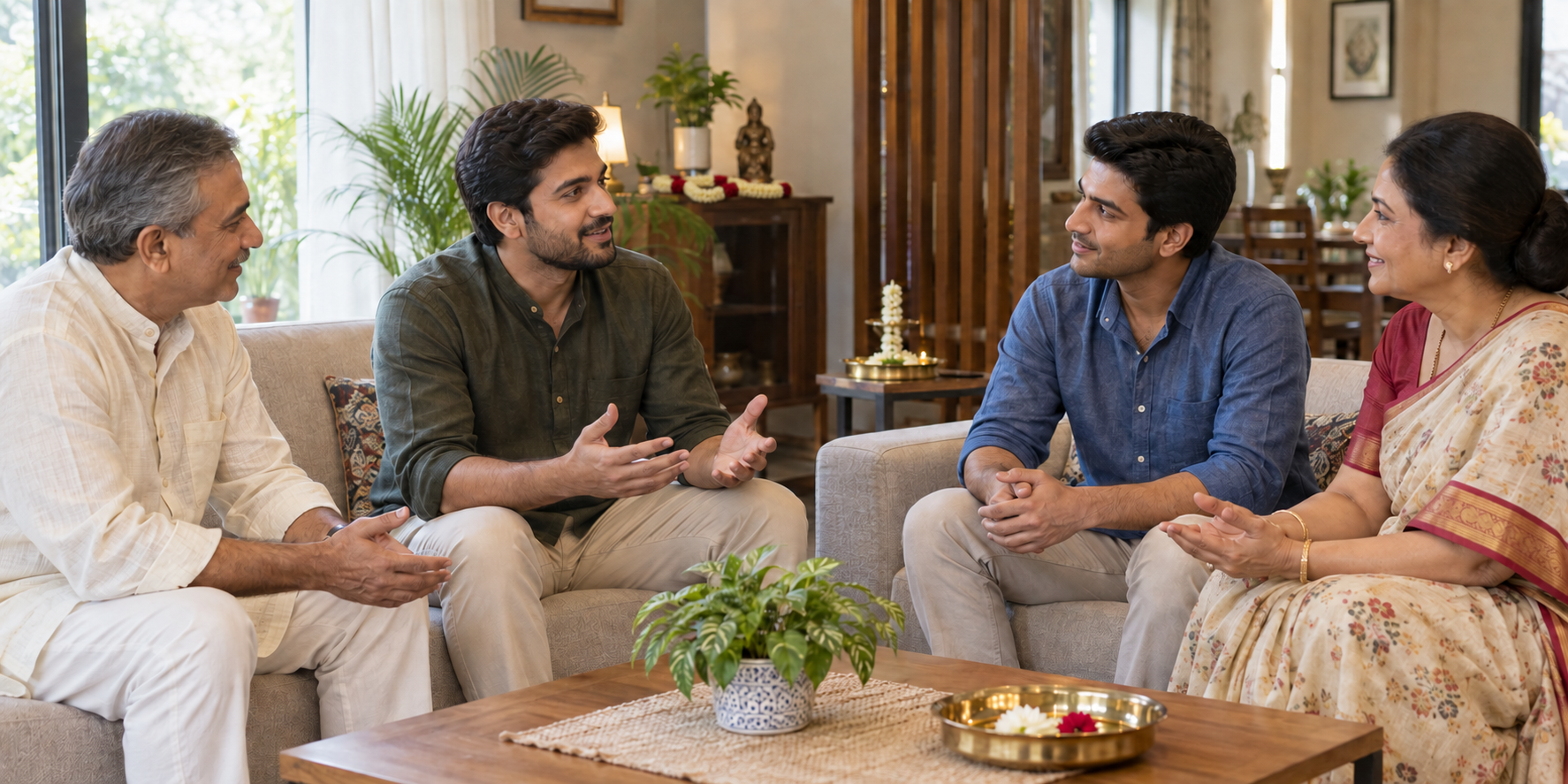 A contemporary Indian family sits in an open circle and discusses marriage plans with calm, attentive body language.