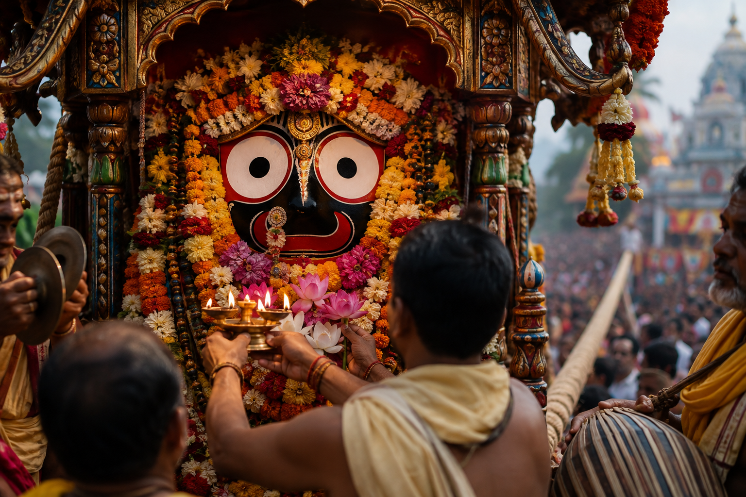 A flower-garlanded representation of Lord Jagannath sits beneath a chariot canopy while devotees offer a lamp and musicians accompany the worship.