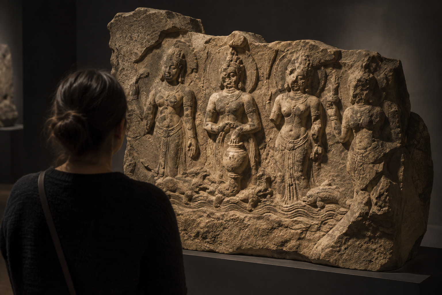 Visitor viewed from behind examining a weathered relief with grouped celestial figures, a small vessel, and eroded aquatic details.
