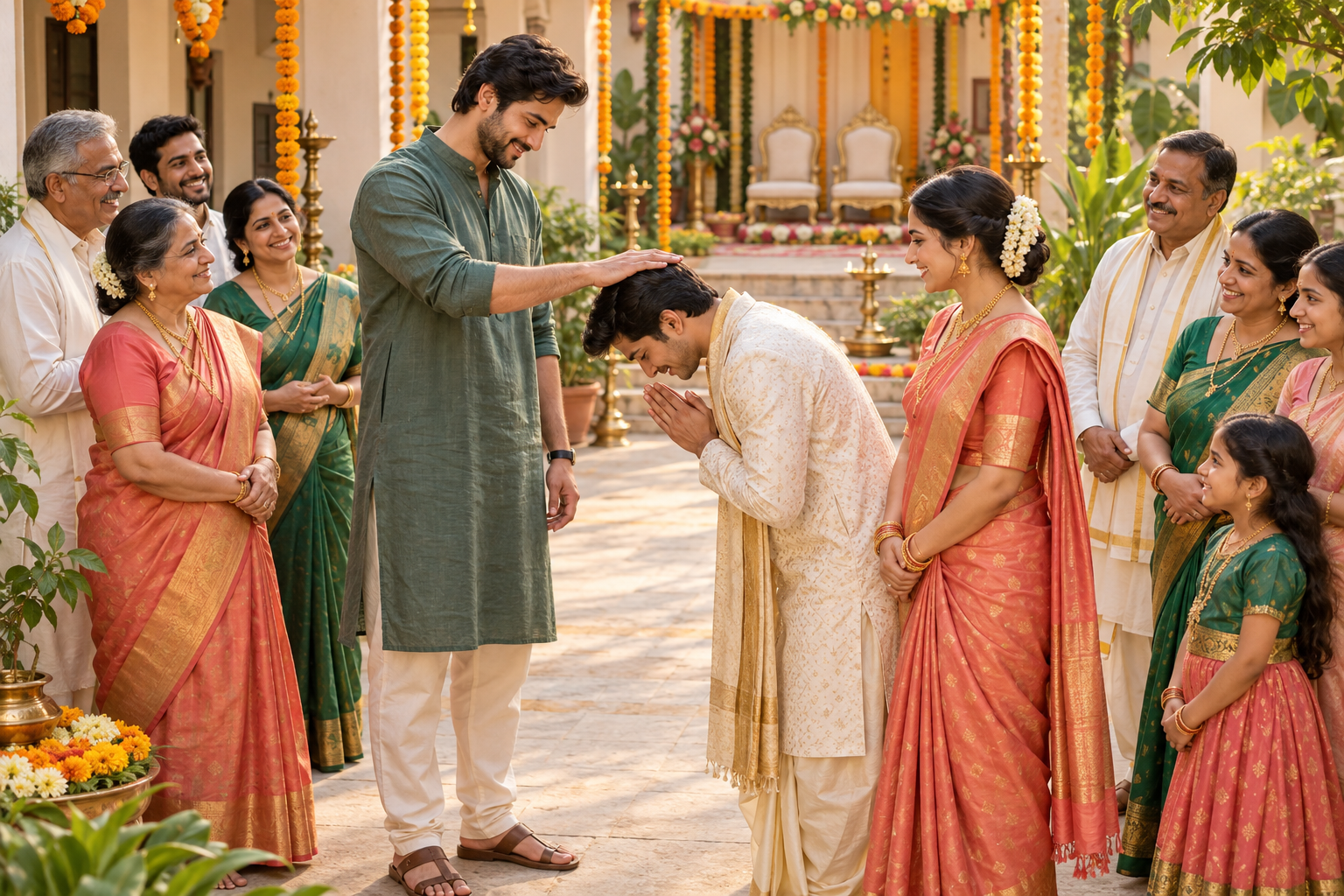 An elder brother blesses his younger brother before a wedding as their families and the younger brother's future spouse look on.
