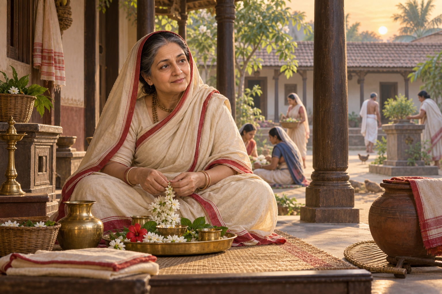 Historical devotional illustration of Sita Thakurani seated on a Bengali courtyard veranda beside flowers, folded cloth, and brass vessels prepared for seva.
