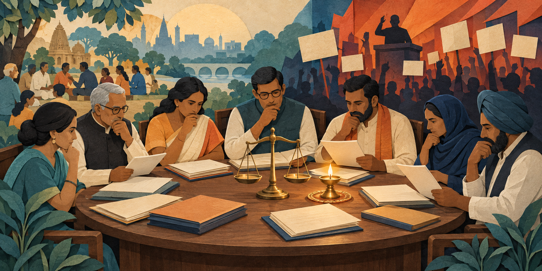 Anonymous South Asian civic leaders examine documents around a table between a community gathering and a political assembly.
