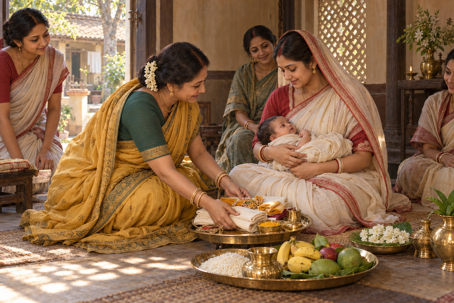 Sita Thakurani visits a Bengali household with trays of cloth, ornaments, rice, turmeric, and fruit for a newborn held by his mother.