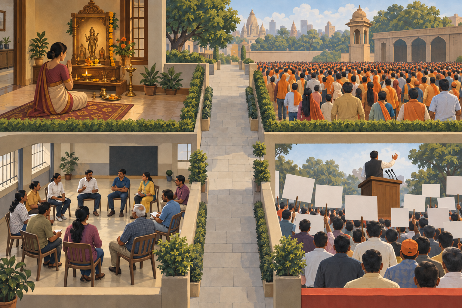 Four separate spaces depict Hindu worship, ideological mobilisation, civic organisation and electoral campaigning.