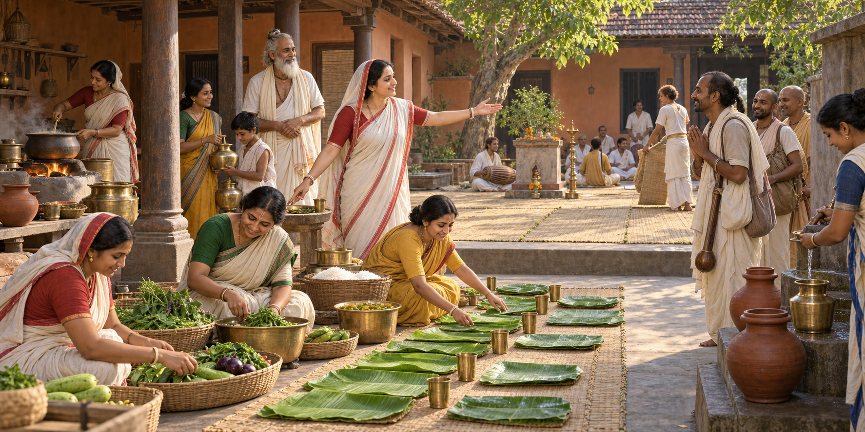 A Shantipur courtyard household welcomes Vaishnava guests while people cook, fill water vessels, arrange leaf plates, and prepare a gathering space.