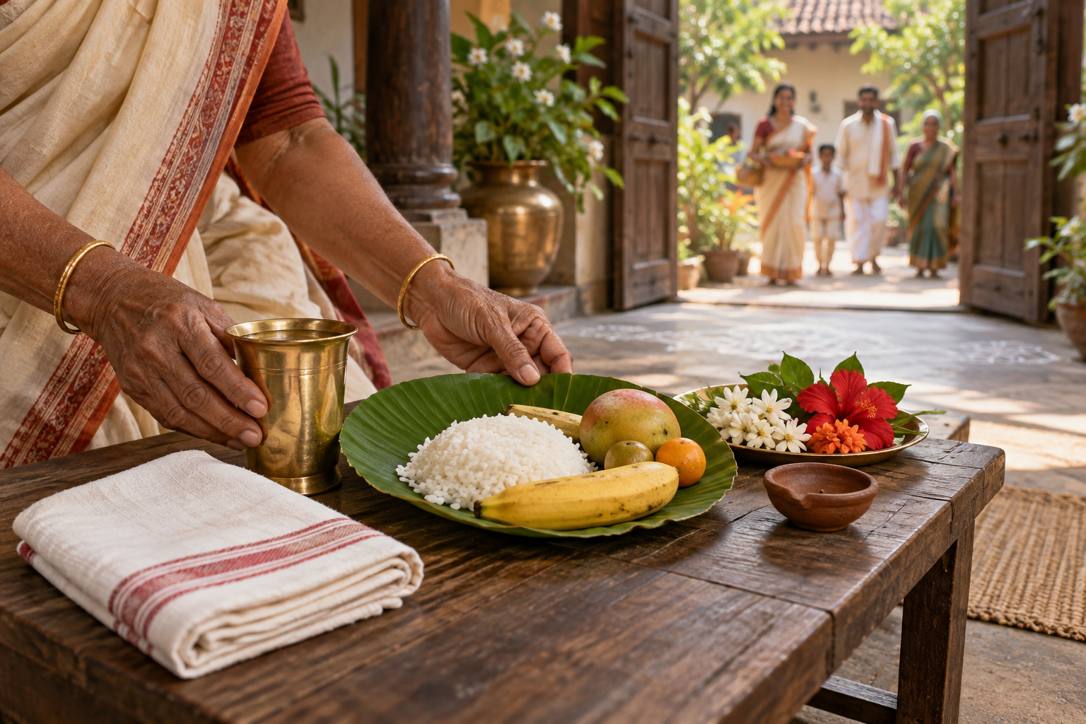 Mature hands arrange water, a leaf plate, folded cloth, rice, fruit, flowers, and a clay lamp for guests in a Bengali courtyard home.