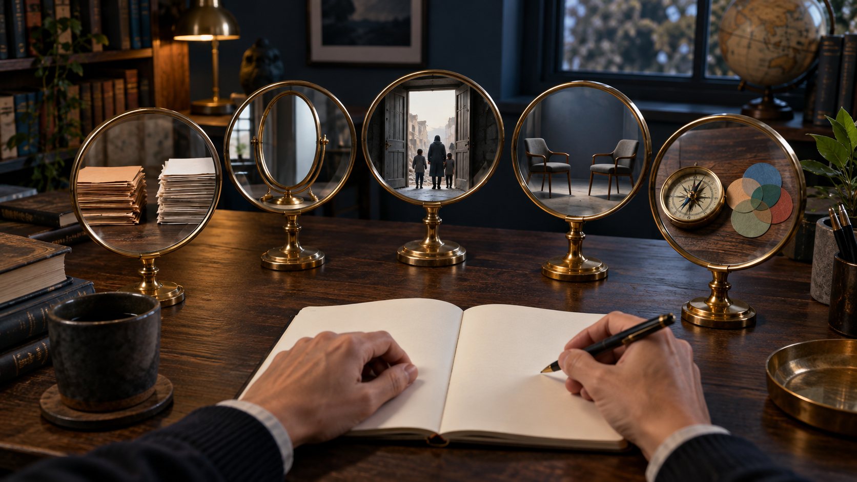 Five brass-framed lenses focus on symbolic evidence objects arranged across a dark wooden desk.