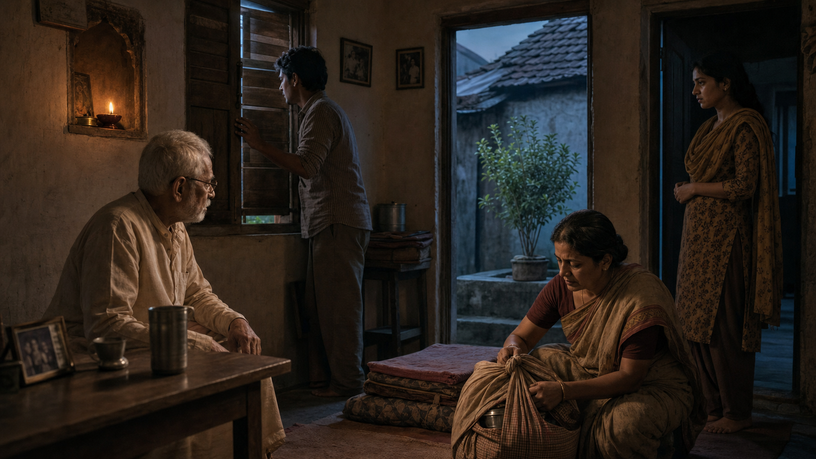 A worried Hindu family gathers inside a modest Bangladeshi home while one family member watches the dark street through a shutter.
